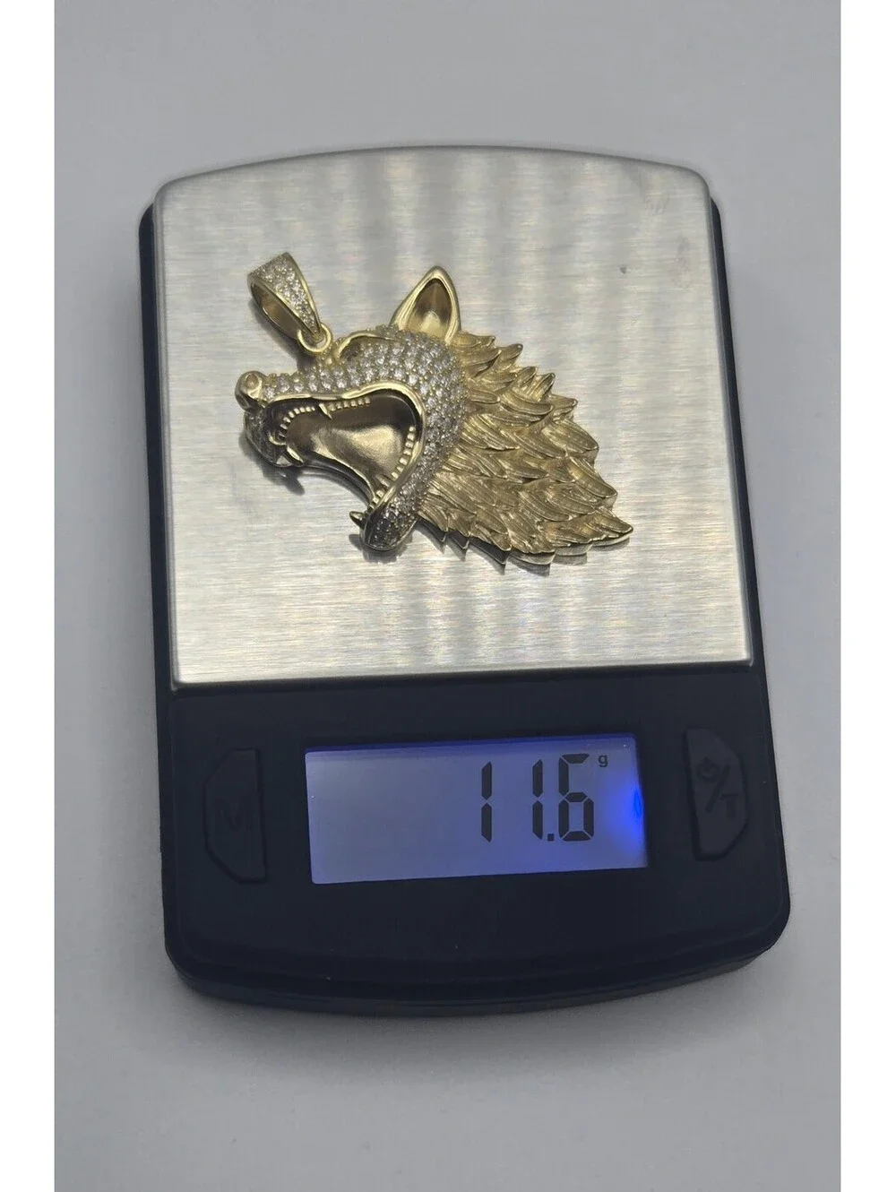 NEW Solid 925 Steling Silver 1.5CTW MOISSANITE Wolf Head Pendant, 14k Gold Over